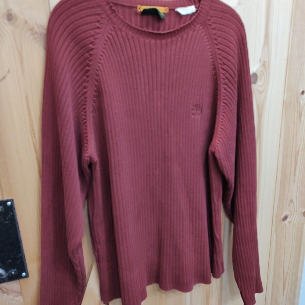 Timberland Sweater Unisex Burgundy Large Vintage Cotton Ribbed‎